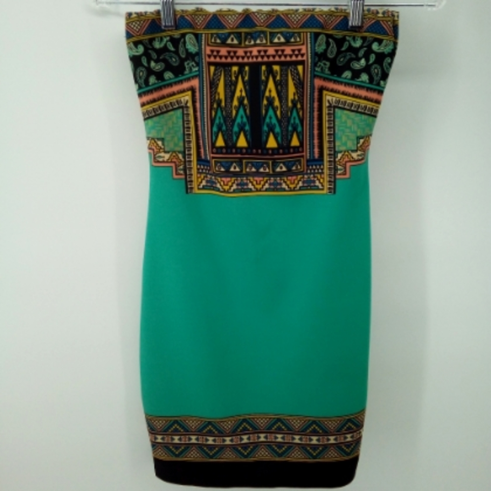 Flying Tomato Southwestern Western Aztec Tribal Green Mini Strapless Dress S